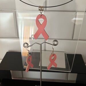 Leather Pink Ribbon Necklace and Earring Set